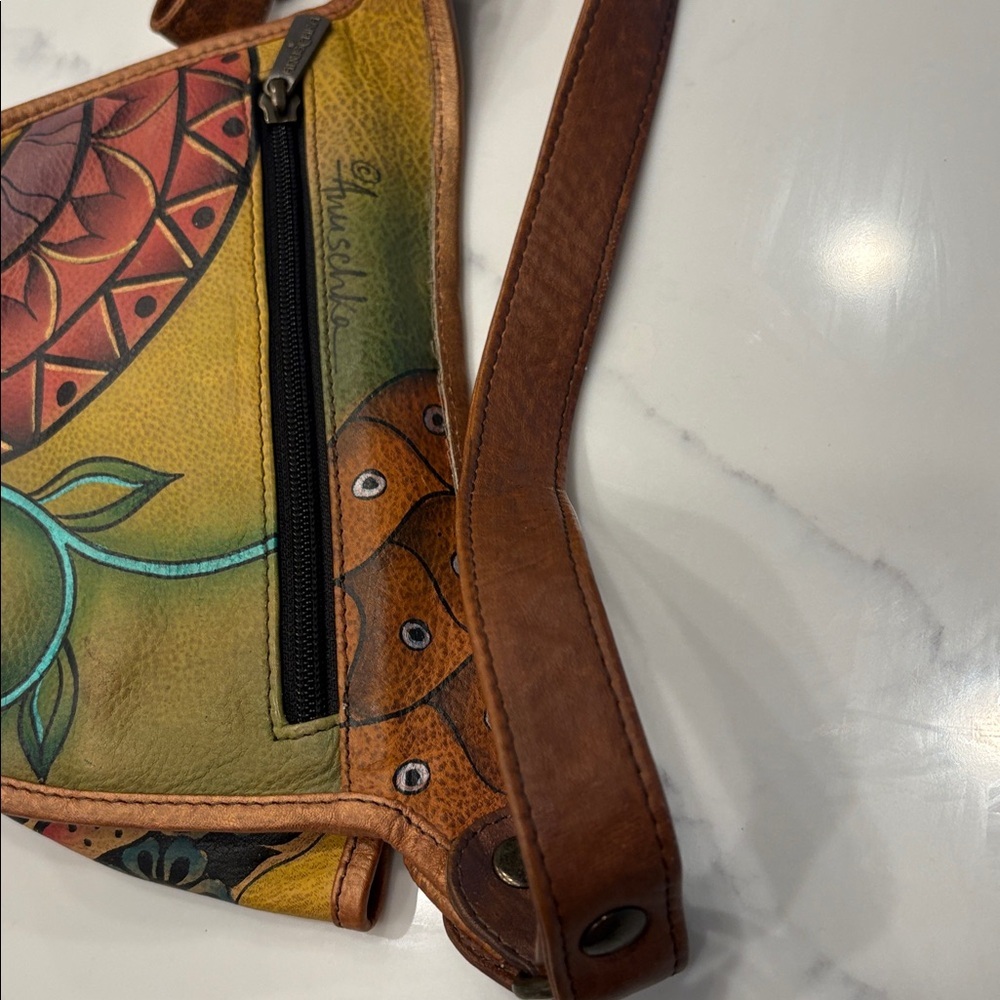 ANUSCHKA genuine leather flap shoulder bag hand painted colorful artsy brown - Picture 7 of 16